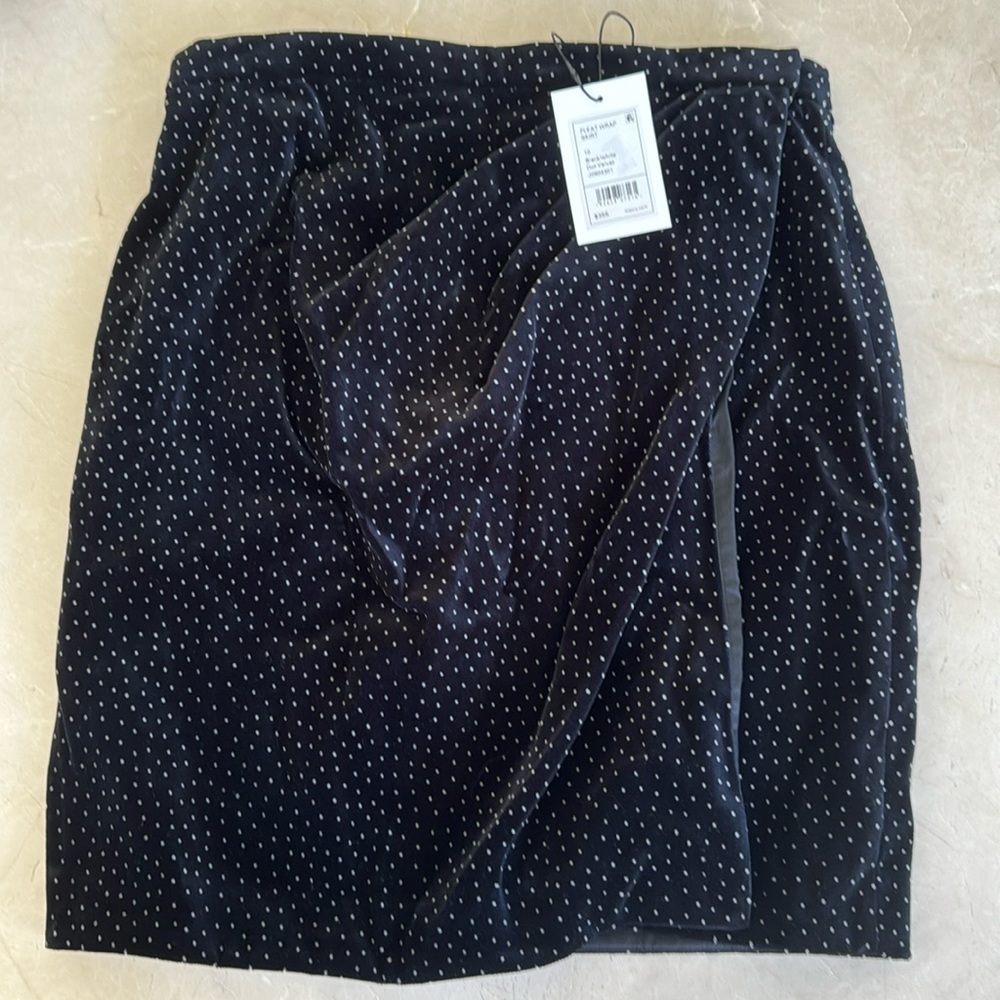 New Theory Black White Polka Dot Velvet pleat Wrap Skirt. $355.